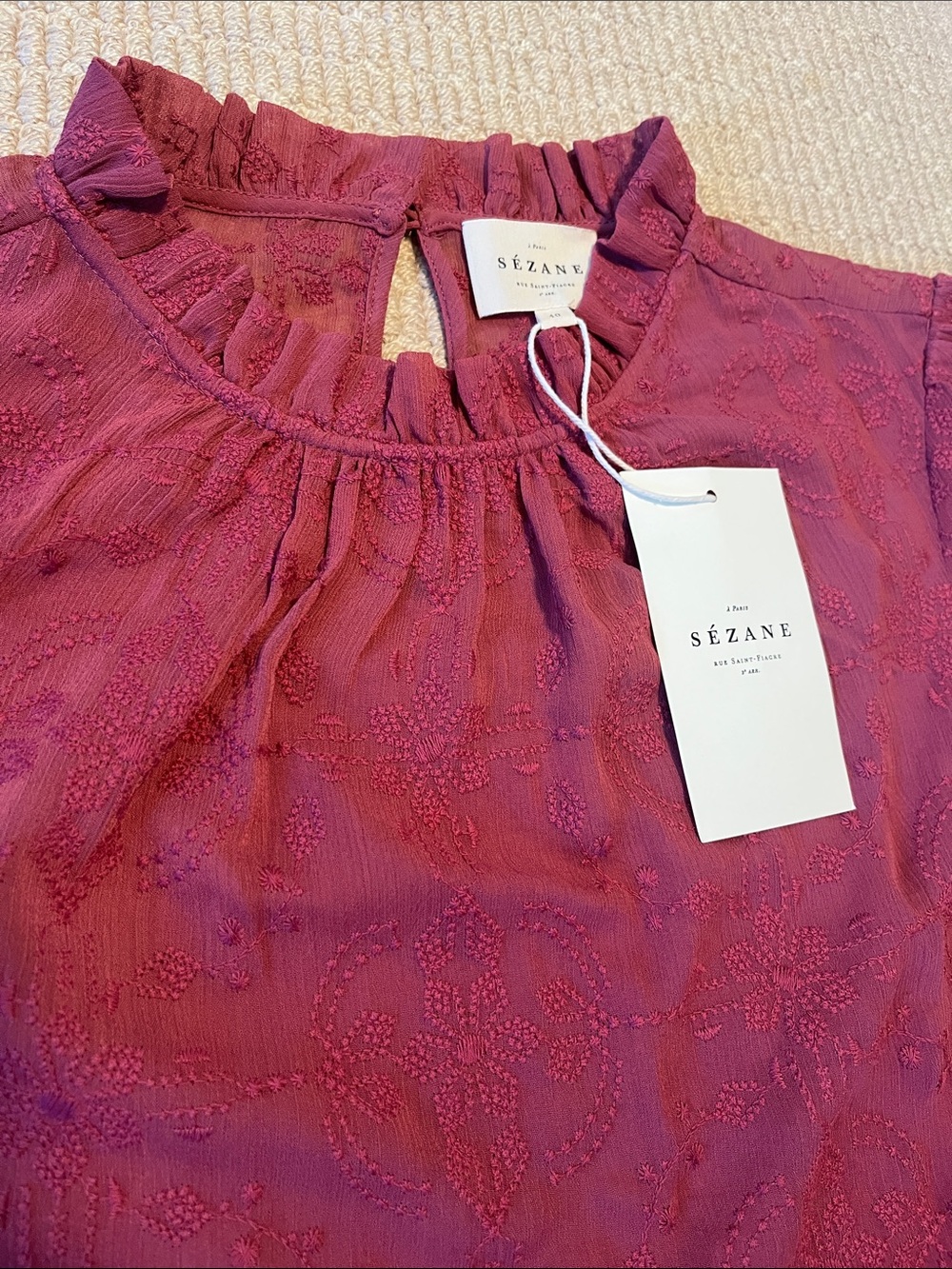 Sezane Paris Women's Embroidered Ruffle Neck Blouse - Blush size 40